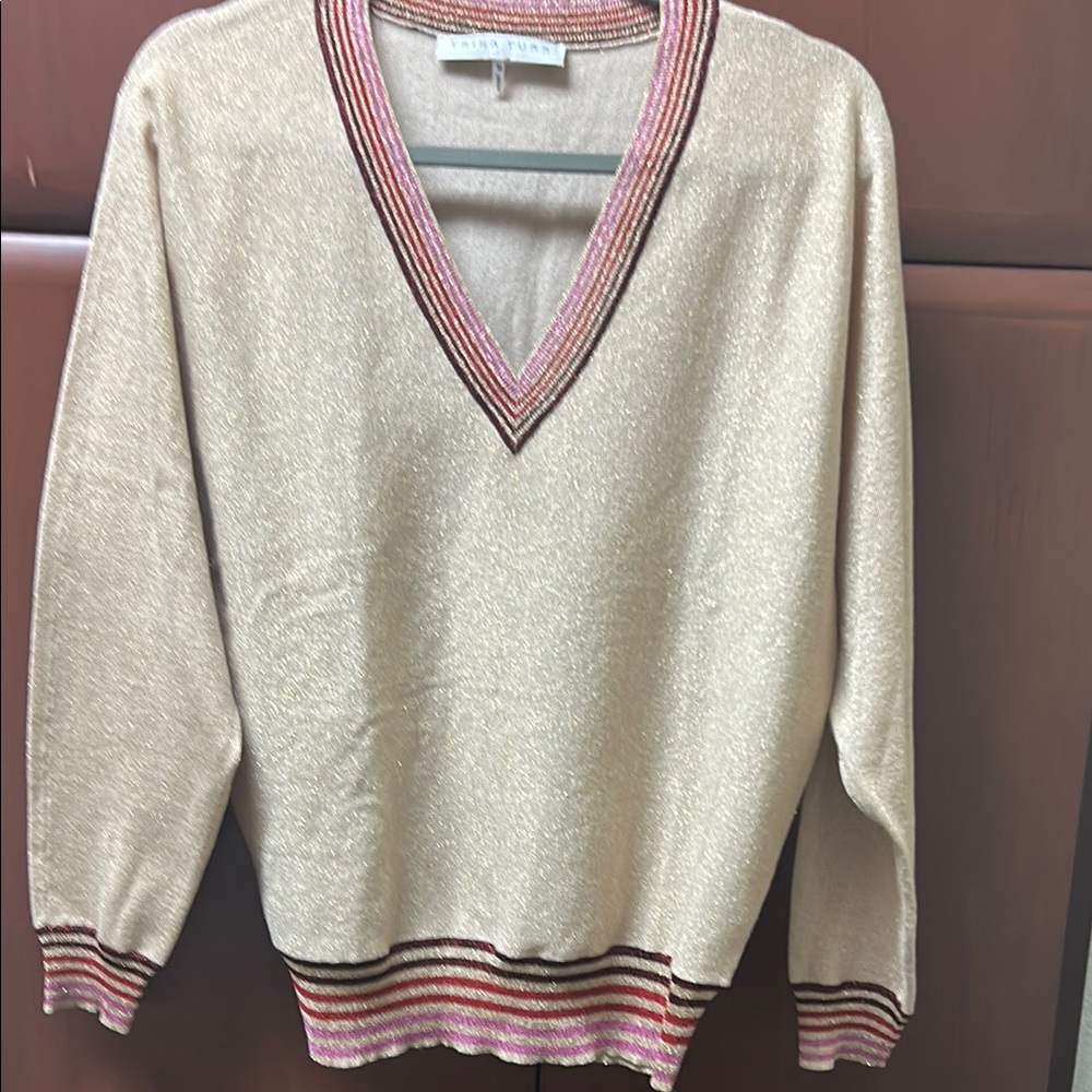 Trina Turk Cream and Pink V-Neck Sweater